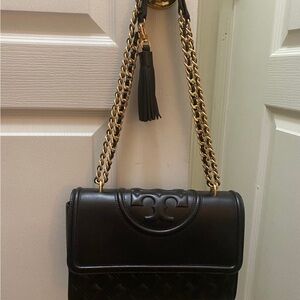 Tory Burch Black Leather Shoulder Bag with Gold Chain